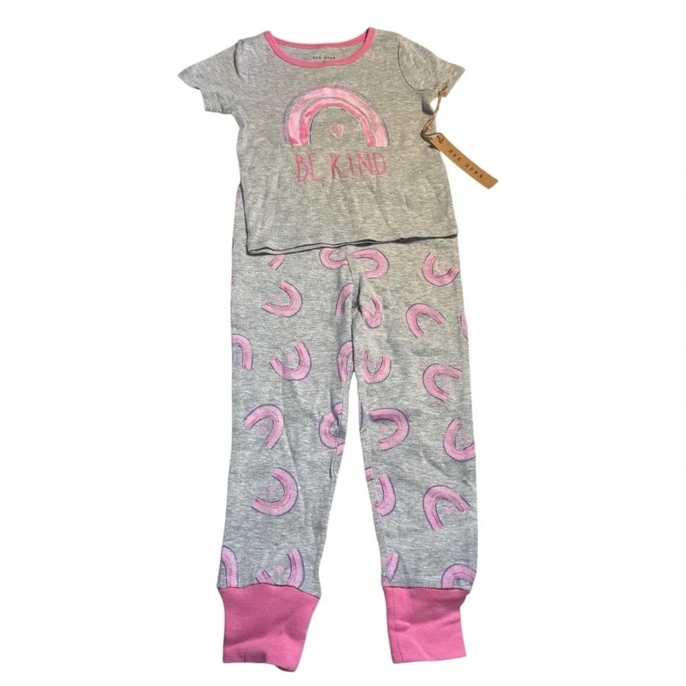NWT Rae Dunn Kids Pajama Set 4T Gray and Pink 'Be Kind' Rainbows 100% Cotton